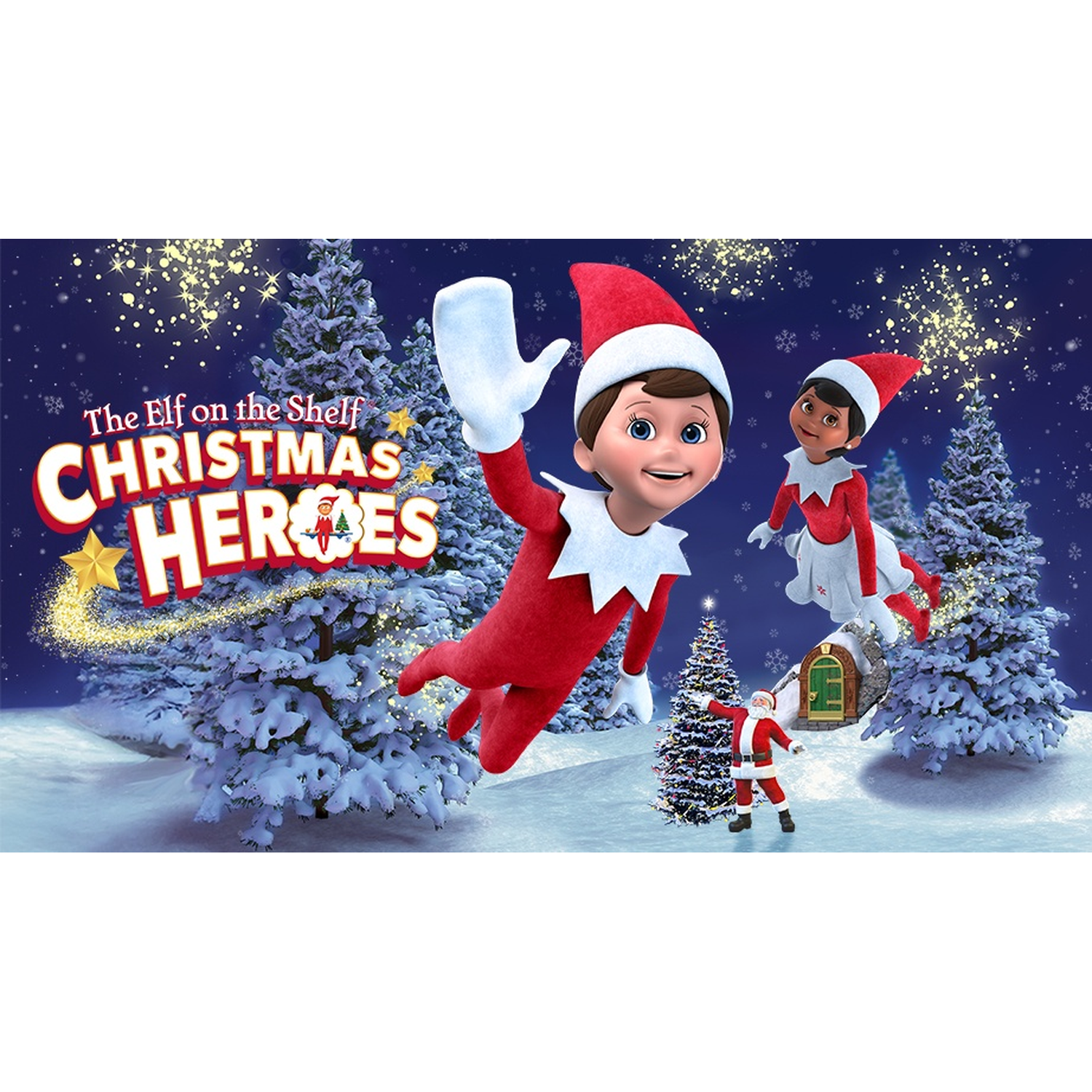 Illustration d'elfes et du Père Noël dans une scène hivernale avec des arbres enneigés et une maison. Le texte dit 'The Elf on the Shelf Christmas Heroes'.
