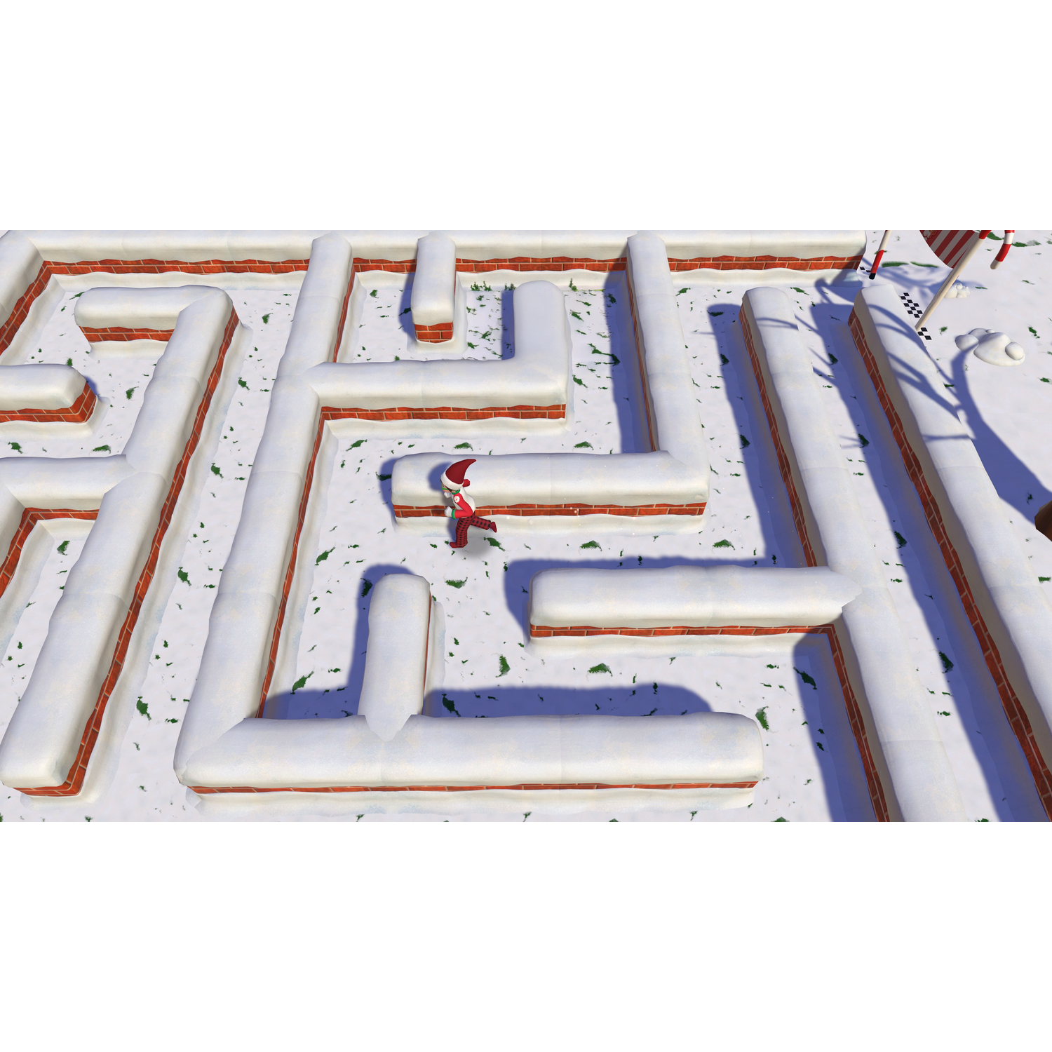 Une personne en costume de Père Noël est dans un labyrinthe enneigé. Murs de briques rouges recouverts de neige. Drapeau à damier et canne en bonbon à droite.