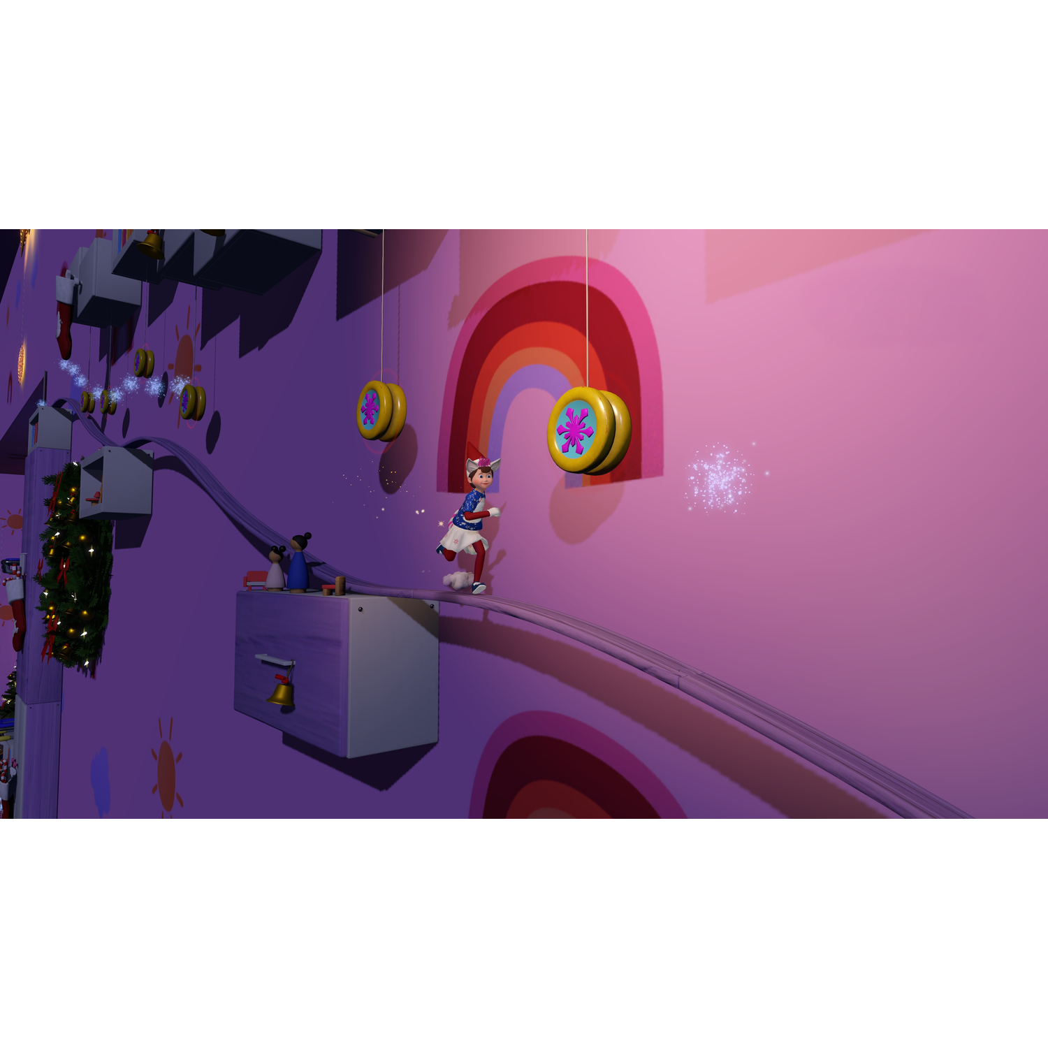Un elfe de dessin animé court sur une piste. Des yoyos sont suspendus au plafond. Un arc-en-ciel est sur le mur. La scène a une palette de couleurs violet et rose.
