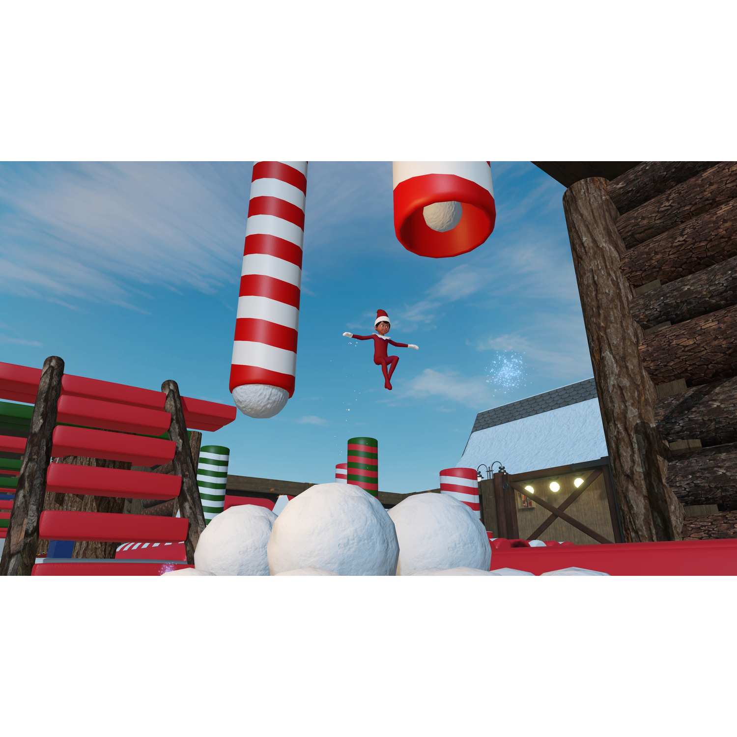 Un elfe rouge saute par-dessus des boules de neige et des cannes en sucre. Structure en bois et ciel bleu en arrière-plan.