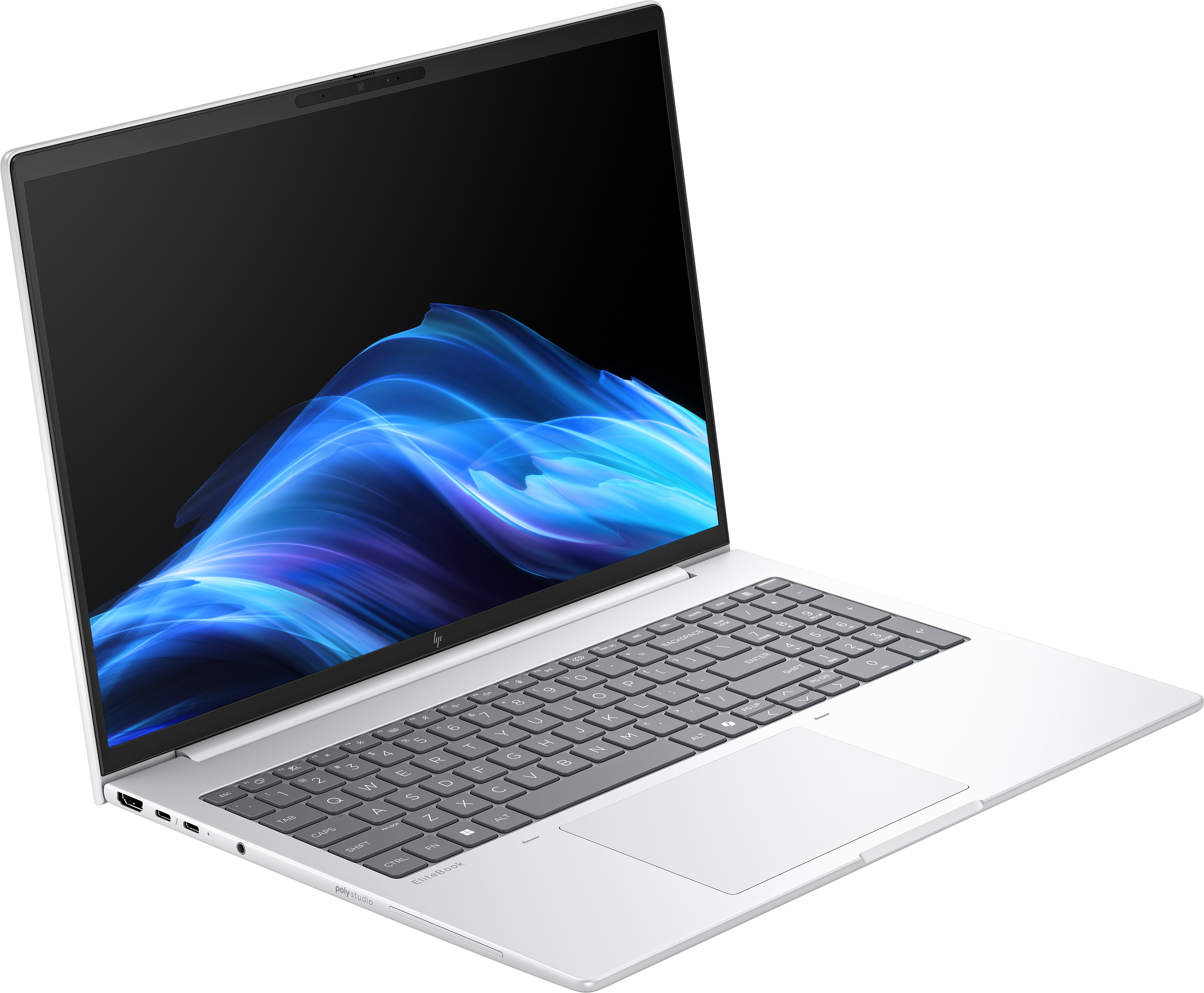 Silberner Laptop mit schwarzem Bildschirm, der blaue, abstrakte Kunst zeigt. Tastatur sichtbar. Isoliert auf schwarzem Hintergrund.