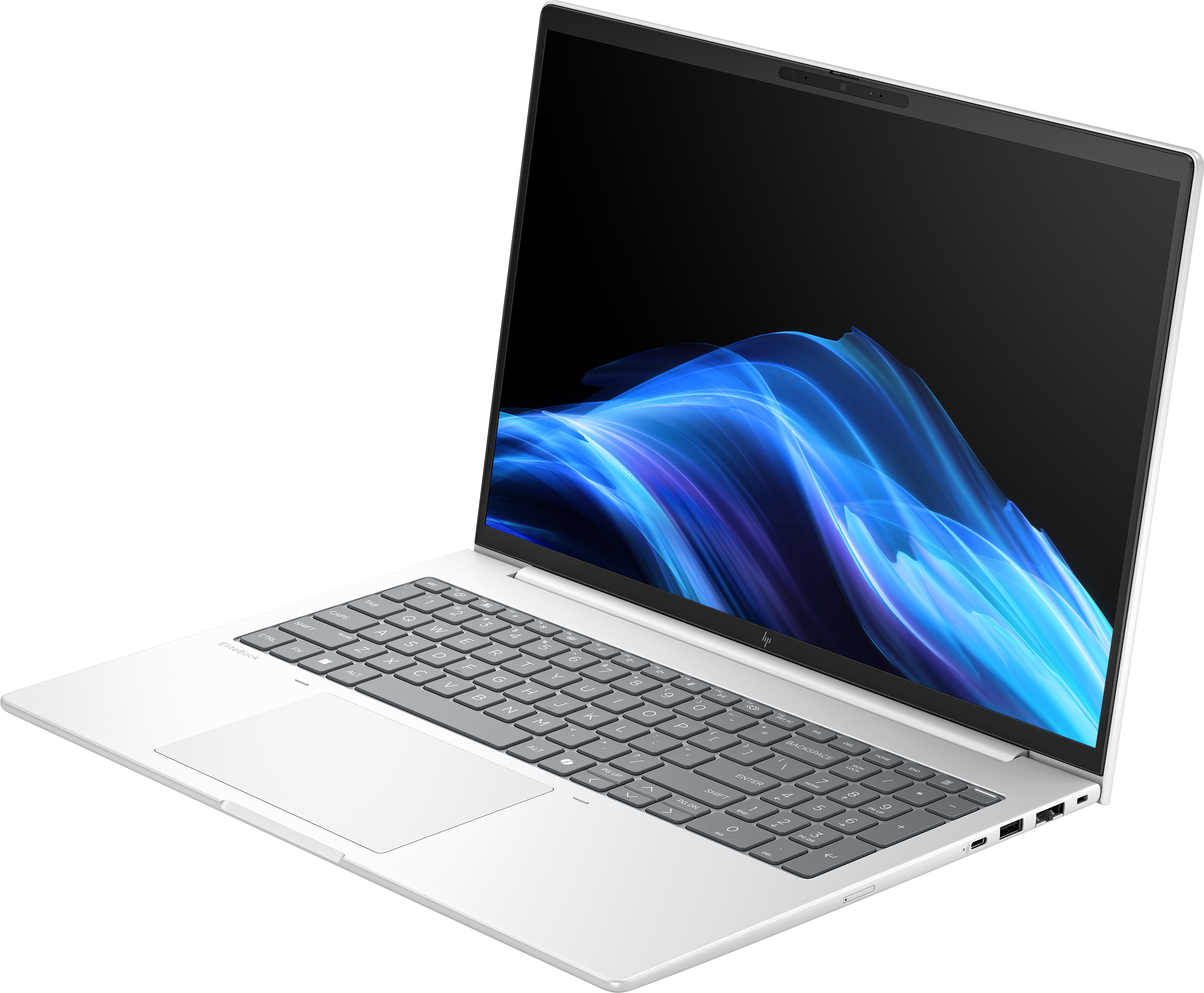 Ein silberner Laptop ist geöffnet und zeigt blaue und weiße abstrakte Grafiken auf dem Bildschirm. Der Hintergrund ist schwarz.