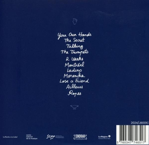 Albumcover mit Songtiteln in weißer Schrift auf dunkelblauem Hintergrund. Enthält Logos und Barcode.