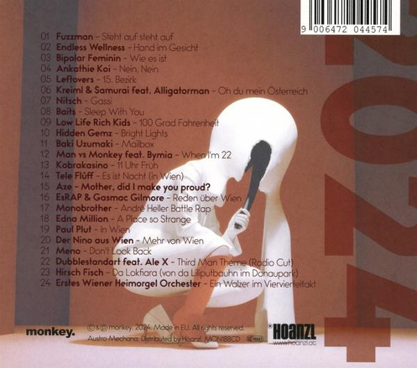 Albumcover mit einer weißen Figur, die ein schwarzes Mikrofon hält, mit Songtiteln auf braunem Hintergrund.
