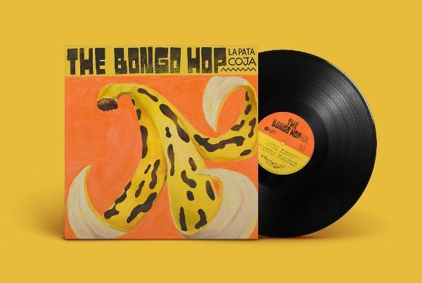 Albumcover mit Bananen-Design und Schallplatte auf gelbem Hintergrund. Die Platte ist schwarz, das Cover orange.