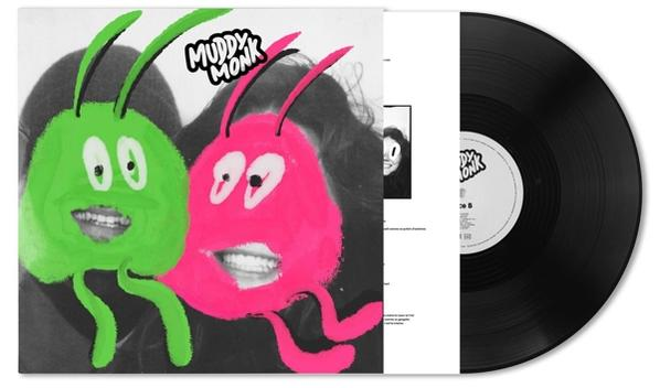 Albumcover mit neongrünen und pinkfarbenen Monsterfiguren. Vinyl-Schallplatte sichtbar. Das Album ist von Muddy Monk.