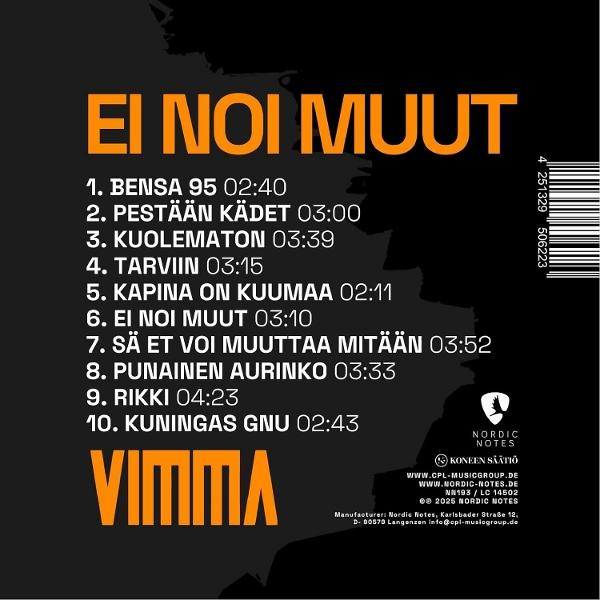 Albumcover mit orangefarbenem Text auf schwarzem Hintergrund. Listet Songtitel und Albumname 'Vimma'.