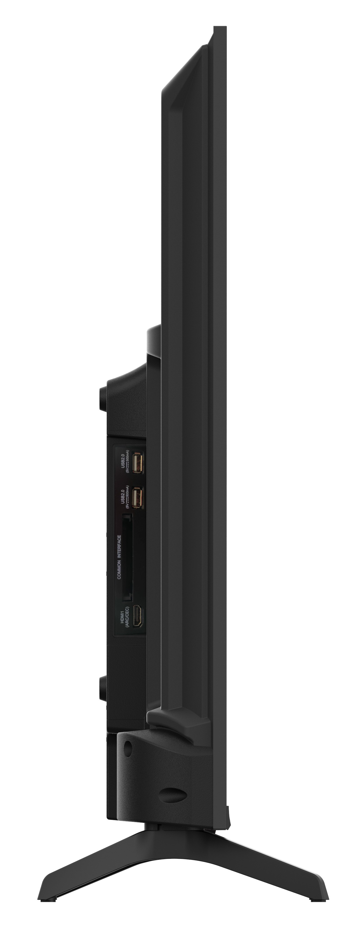 Widok z boku czarnego telewizora. Ma podstawkę i różne porty, takie jak HDMI i USB. Ekran jest czarny.