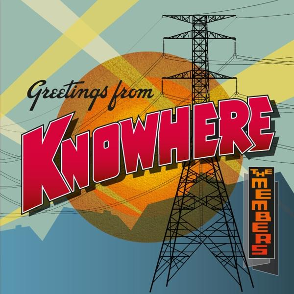 Grüße aus Knowhere, rote Buchstaben auf einer Postkarte. Zeigt eine Sonne, Stromleitungen und einen Strommast.