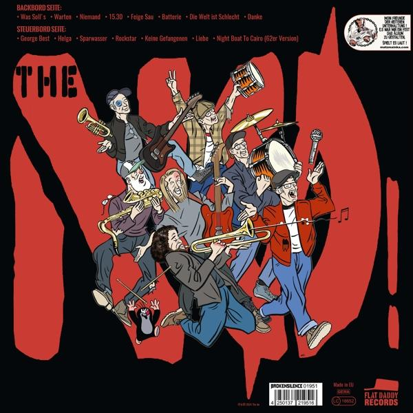 Albumcover-Artwork mit einer Band von Cartoon-Musikern, die Instrumente spielen. Rote Grafik mit Text und Logo.