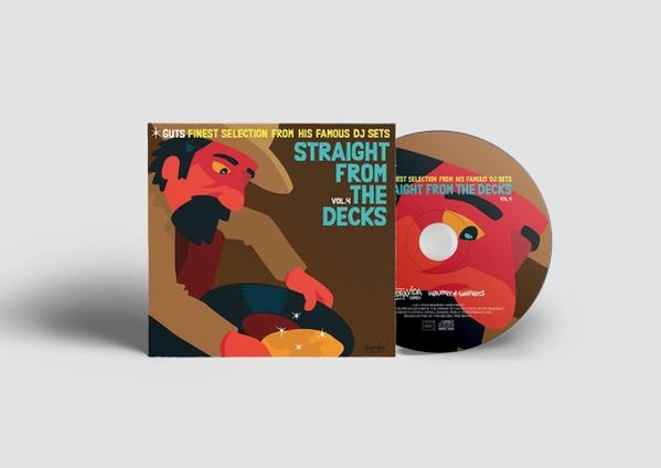 Albumcover mit Cartoon-Mann und Text "Straight from the Decks". Daneben eine CD, die ein ähnliches Cartoon-Gesicht zeigt.
