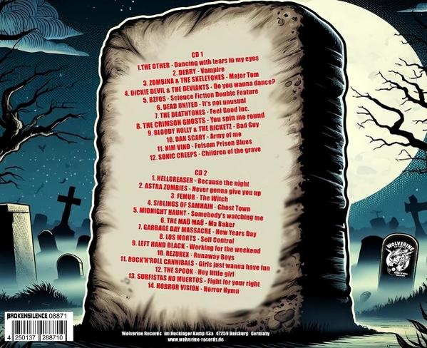 Albumcover, ein Grabstein mit Titellisten, Friedhofshintergrund, Vollmond und Wolverine Records Logo.