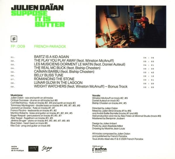 Albumcover mit Text 'Suppose It Is Butter'. Zeigt eine Person in einem Raum und Text mit Titeln und Credits.