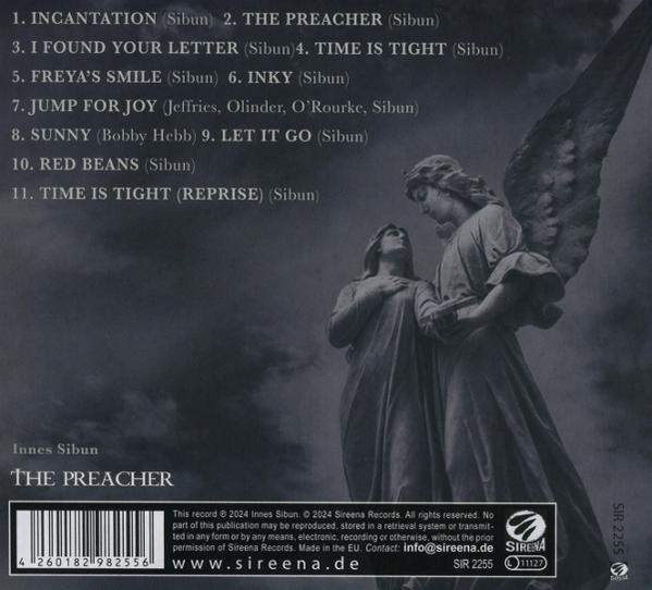 Albumcover mit Engelskulpturen und Songtiteln. The Preacher von Innes Sibun. CD-Label mit Barcode und Sireena Records.