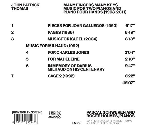 Ein CD-Cover mit einer Liste von Musikstücken von John Patrick Thomas, einschließlich Titeln, Komponisten und Spieldauer. Das Cover ist weiß.
