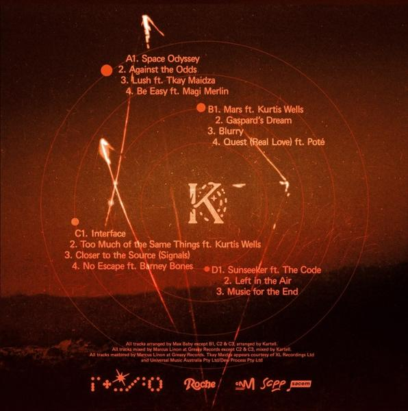 Albumcover mit Titellisten, Künstlernamen und einem stilisierten 'K'. Der Hintergrund ist dunkelorange.