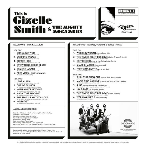 Albumcover mit Text 'Gizelle Smith & The Mighty Mocambos'. Listet Songs und ein Bandfoto.