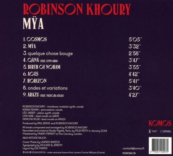 Albumcover mit Text: Robinson Khoury, Mya. Titelliste enthält Cosmos, Mya und Qana. Credits und Kontaktinformationen unten.