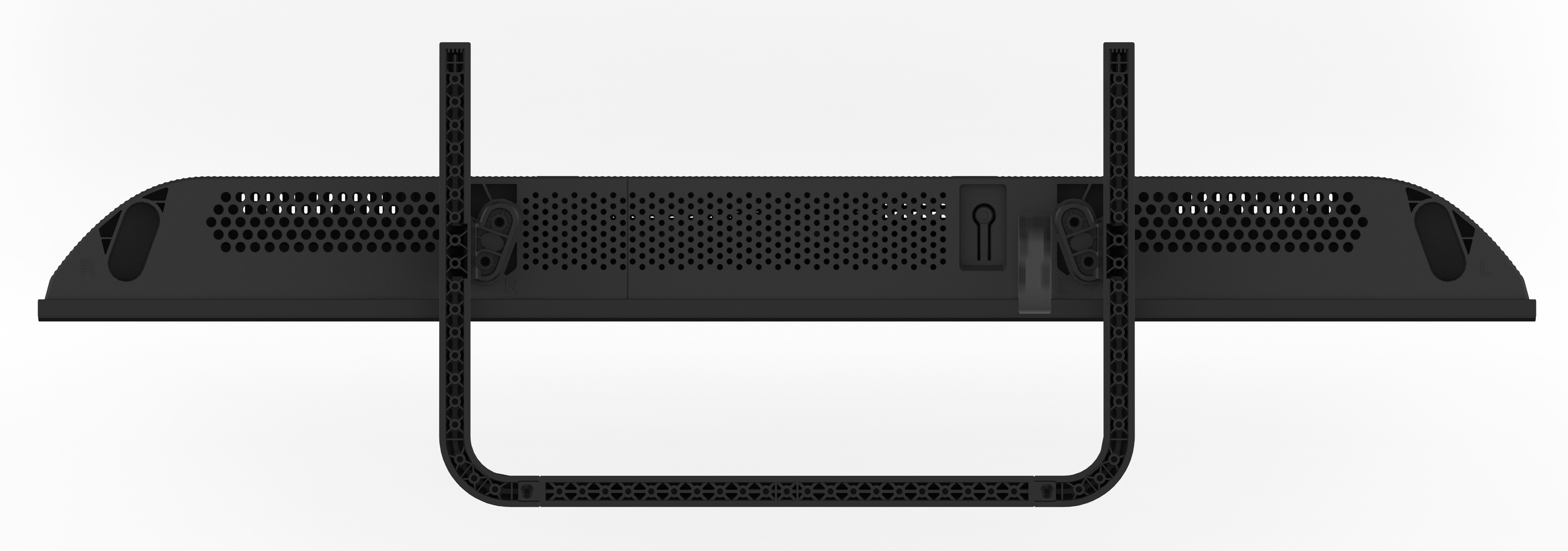 Czarny tył monitora z otworami wentylacyjnymi, portami i dwoma czarnymi wspornikami w kształcie litery U.