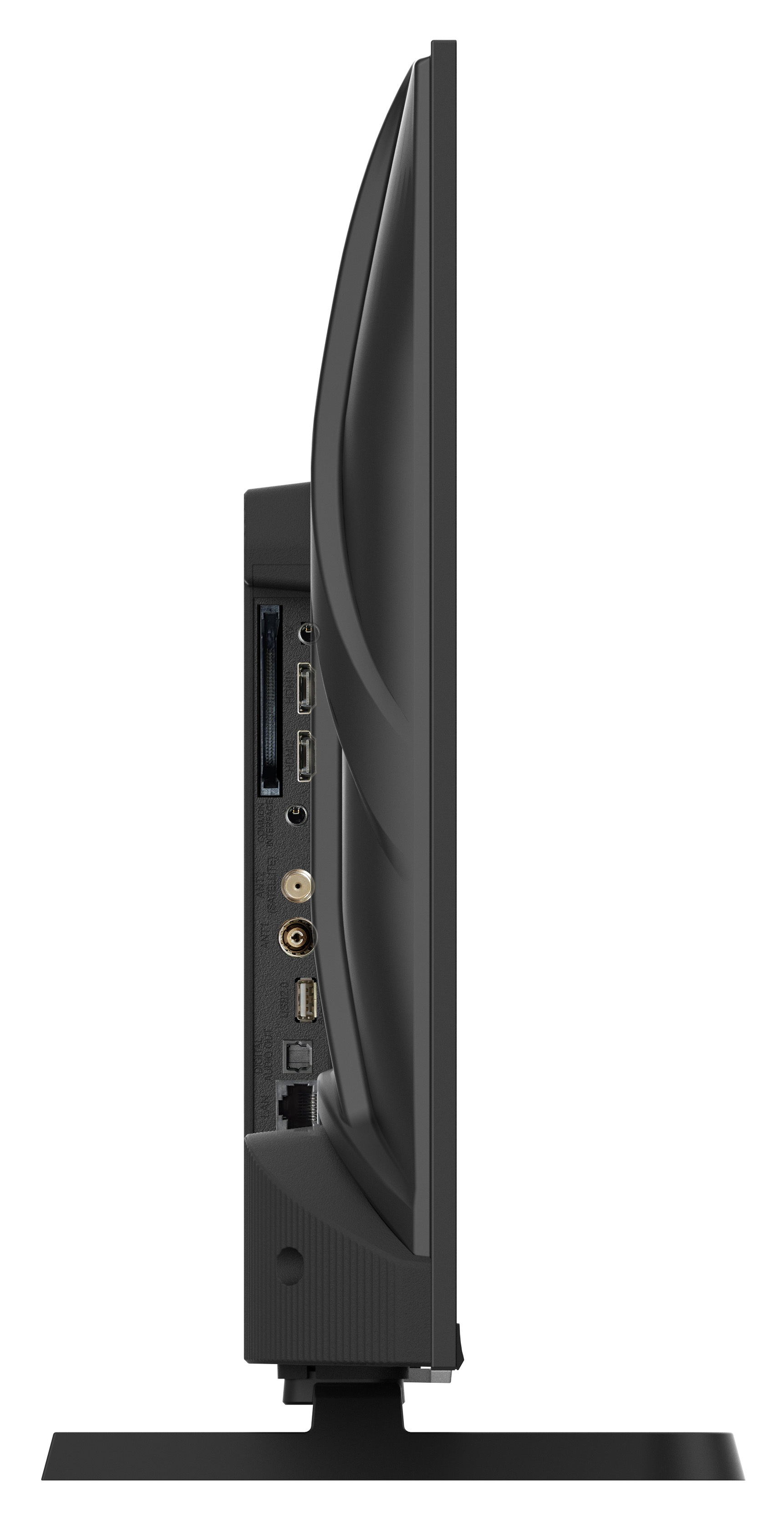 Widok z boku czarnego telewizora na czarnym stojaku. Porty i połączenia są widoczne z boku, w tym USB i HDMI.