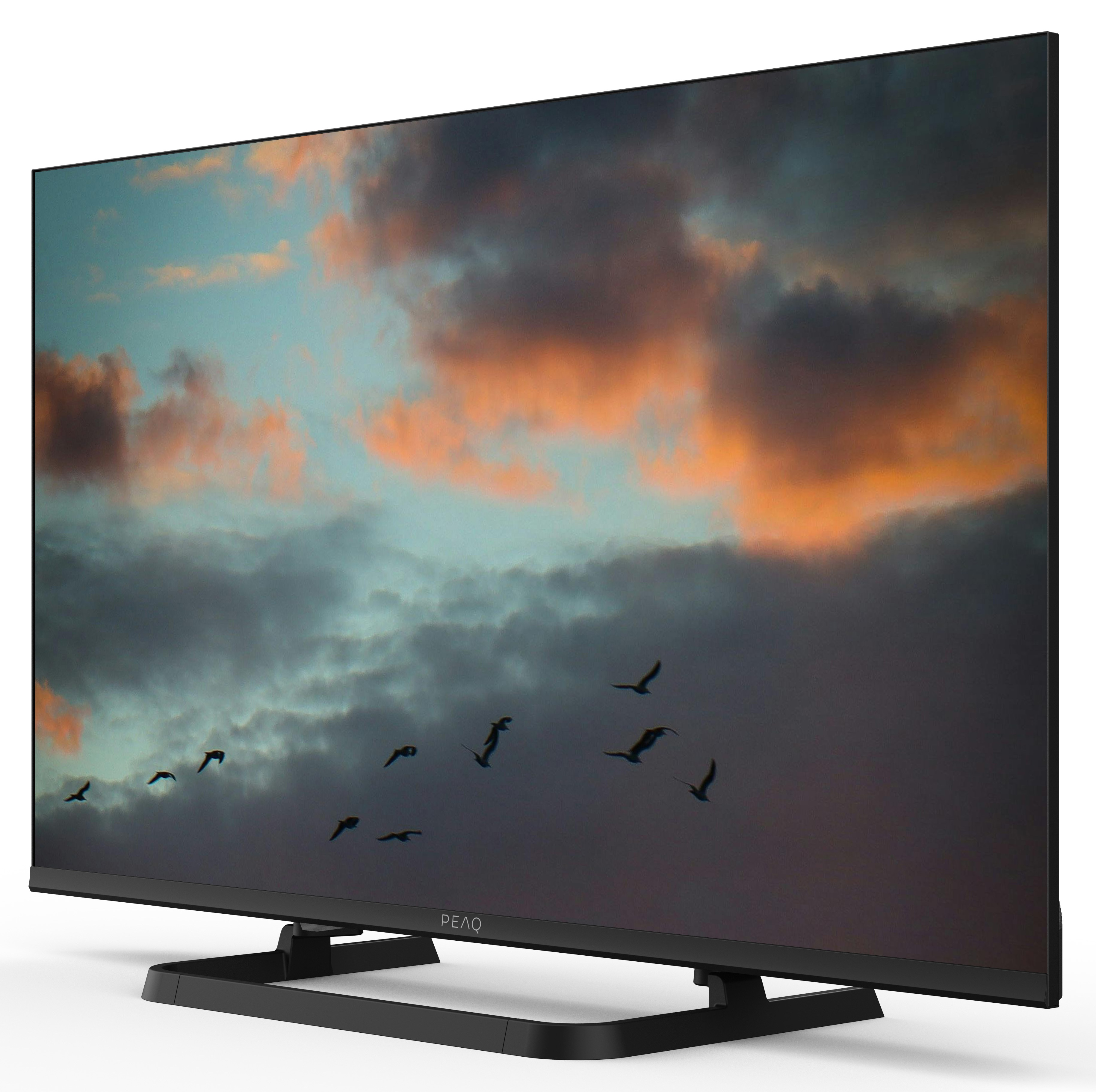 Telewizor wyświetla zachód słońca z lecącymi ptakami. Telewizor jest czarny, stoi na stojaku i ma markę PEAQ.