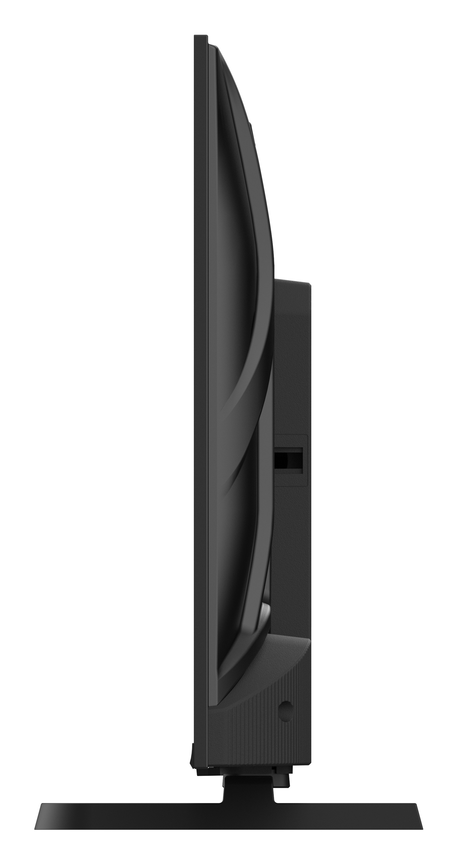 Widok z boku czarnego telewizora. Ekran po lewej, tył rozciąga się ze stojakiem. Białe tło.