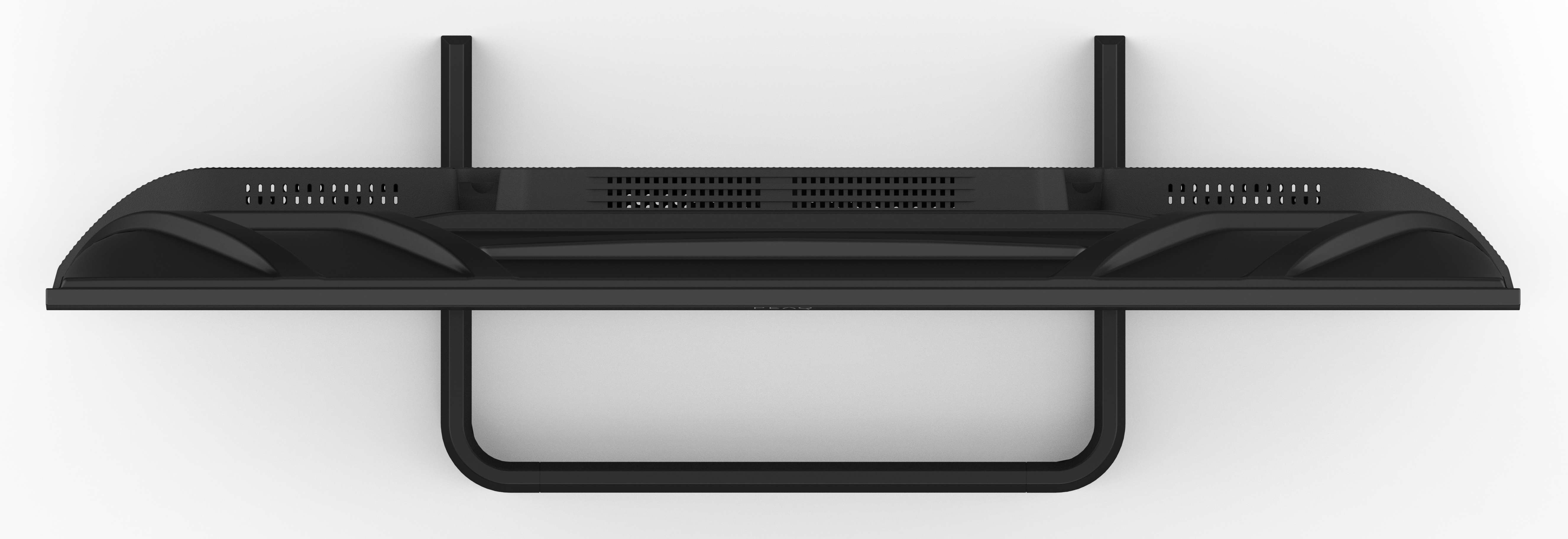 Widok z góry na czarny, zakrzywiony obiekt z otworami wentylacyjnymi, wsparty na pionowych i U-kształtnych czarnych prętach, na białym tle.