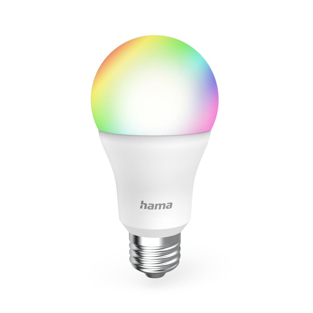 Eine weiße Hama Smart-Glühbirne mit Regenbogenfarben auf weißem Hintergrund. Der Sockel der Glühbirne ist silberfarben.