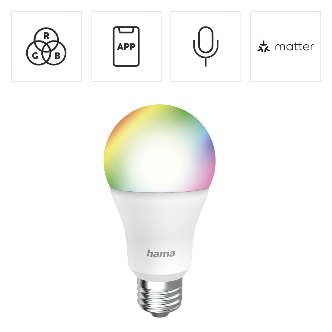 Eine weiße Hama Smart-Glühbirne mit farbenfroher Oberseite. Symbole für RGB, App, Mikrofon und Matter sind oben.