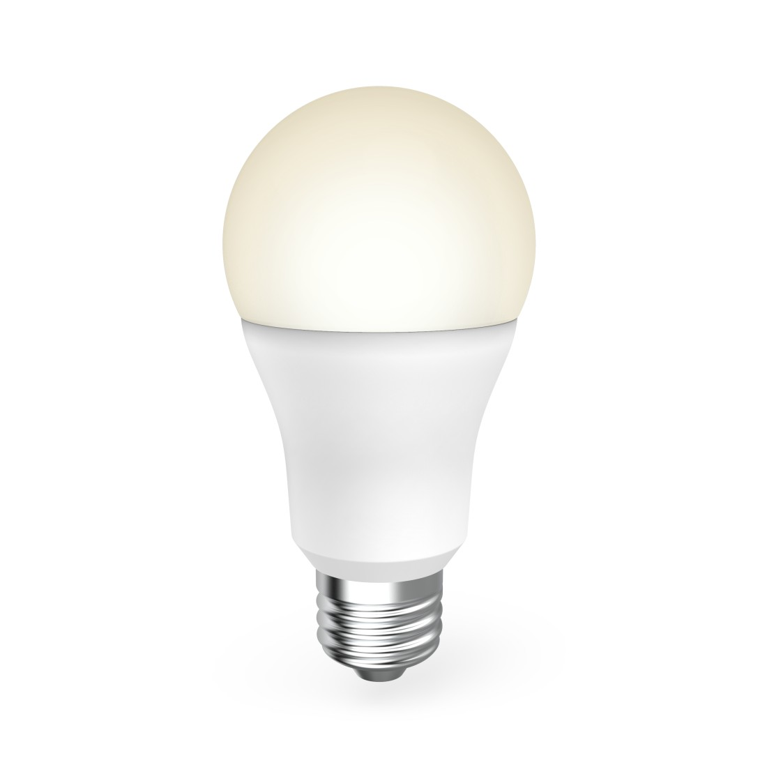 Eine weiße LED-Glühbirne mit abgerundeter Oberseite, weißem Sockel und silbernem Schraubsockel, isoliert auf weißem Hintergrund.