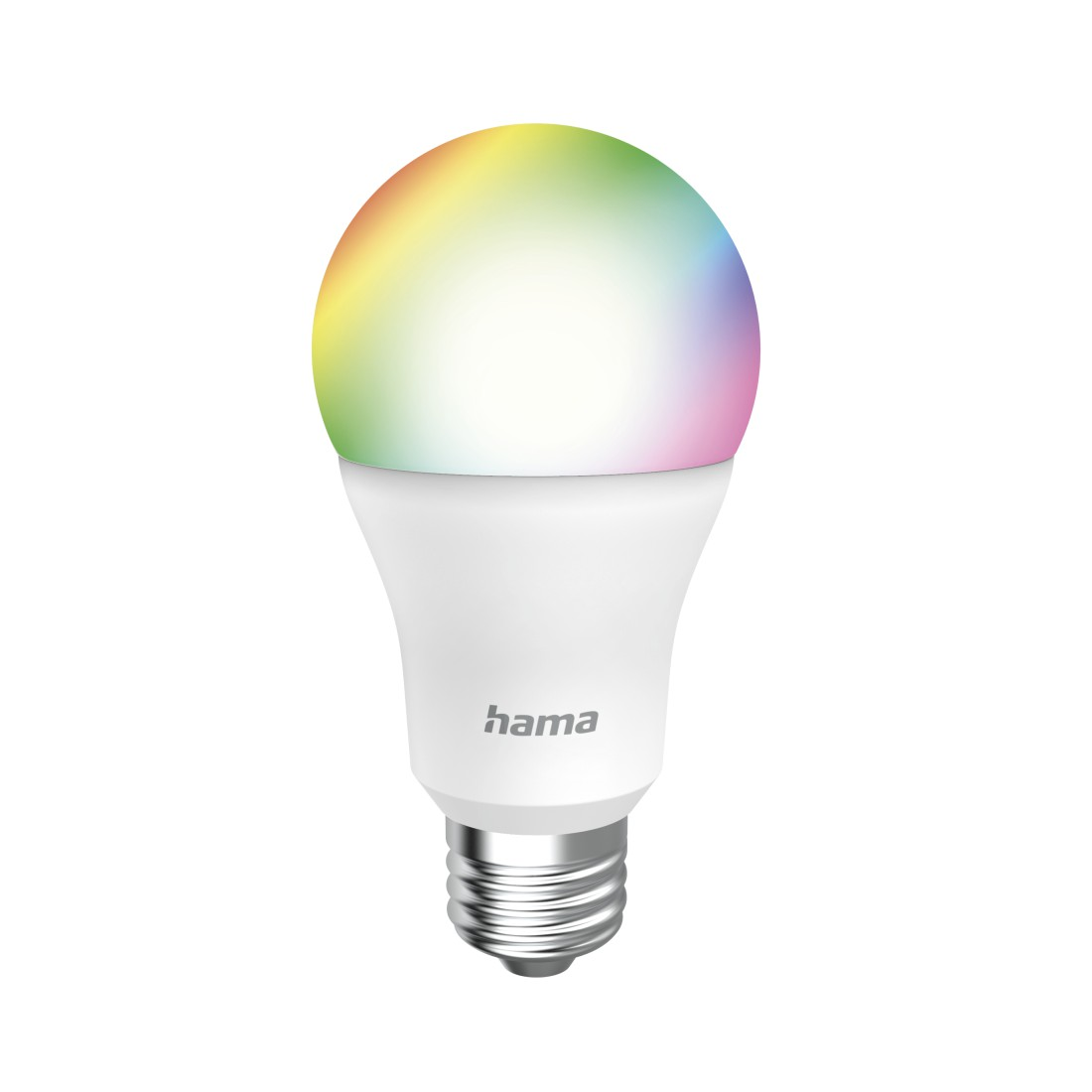 Eine Hama Smart-Glühbirne mit farbenfrohem Farbverlauf oben und weißer Basis, auf weißem Hintergrund.