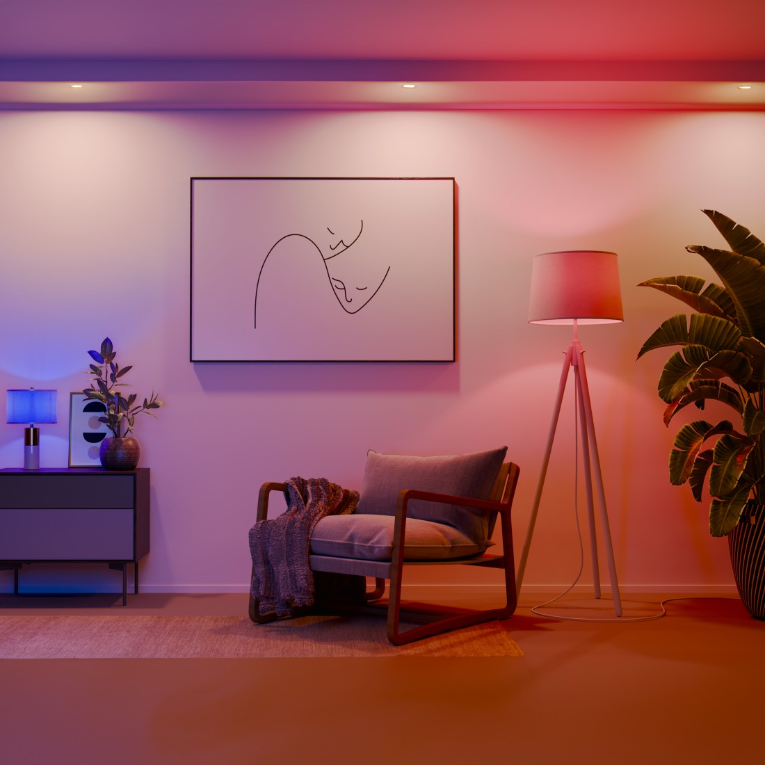 Modernes Wohnzimmer mit Stuhl, Lampe und Pflanze. Ein gerahmtes Kunstwerk hängt an der Wand. Ambient Light gibt ein warmes Gefühl.