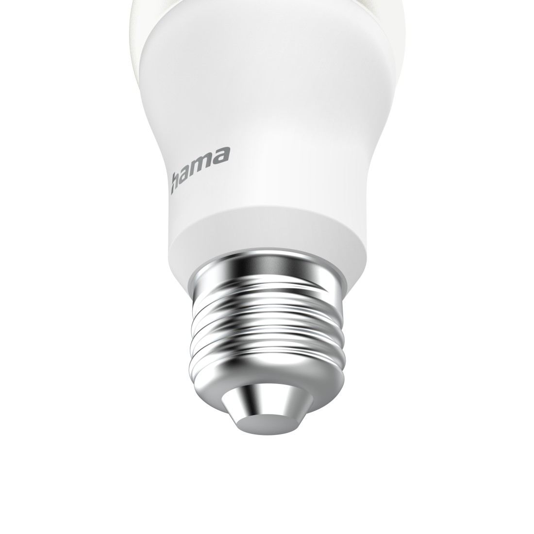 Eine weiße Hama LED-Glühbirne wird von unten gezeigt. Der Metallsockel und der weiße Körper sind vor weißem Hintergrund sichtbar.