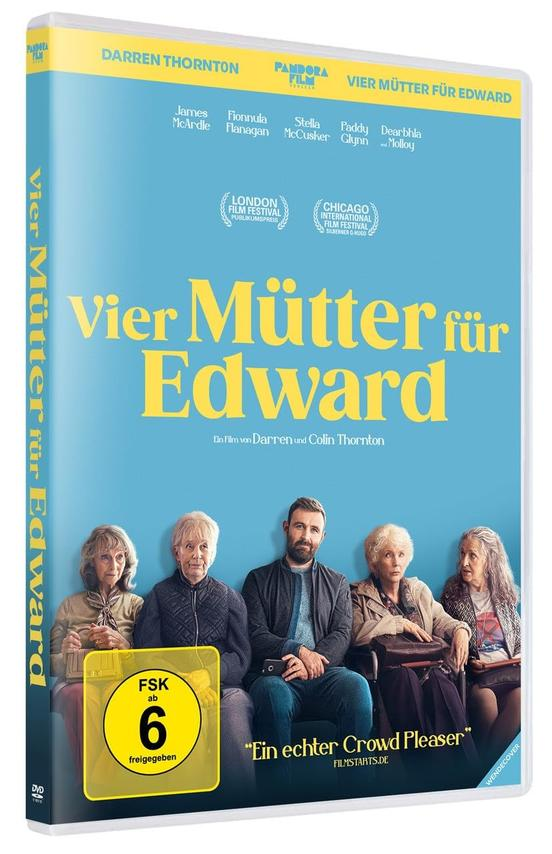 Filmcover von 'Vier Mütter für Edward'. Es zeigt einen Mann und vier Frauen. Text beinhaltet Filmfestivallogos und Namen der Schauspieler.