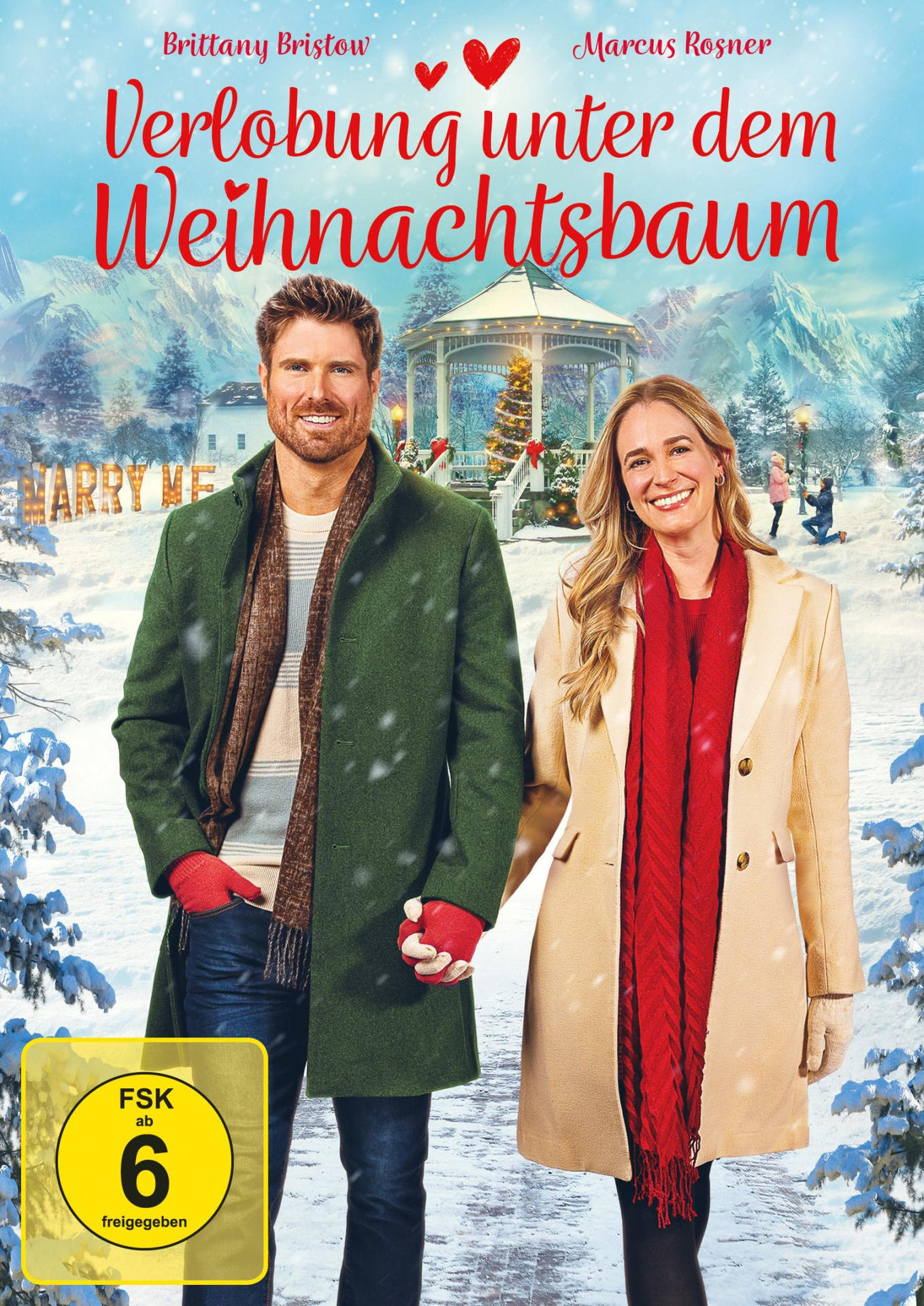 Filmposter: Ein Paar hält Händchen. Im Hintergrund schneit es mit einem Pavillon und einem Weihnachtsbaum. Titel: Verlobung unter dem Weihnachtsbaum.