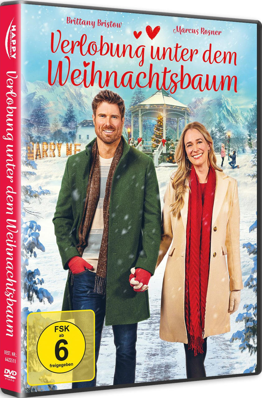 Filmcover von 'Verlobung unter dem Weihnachtsbaum'. Ein Paar hält Händchen, Schnee fällt, und ein Weihnachtsbaum ist im Hintergrund.
