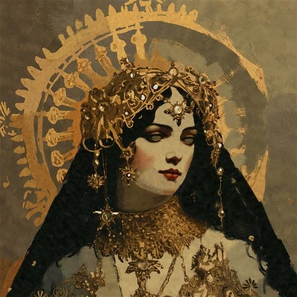 Porträt einer Frau mit dunklem Haar, geschmückt mit goldener Krone und Schmuck, vor einem goldenen Heiligenschein und grauem Hintergrund.