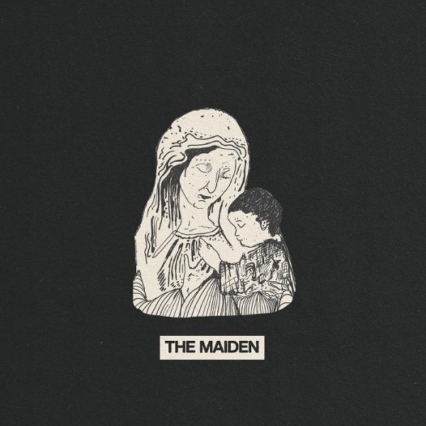 Illustration einer Frau, die ein Kind hält. Beide sind weiß, mit schwarzem Hintergrund. Unten steht 'THE MAIDEN'.