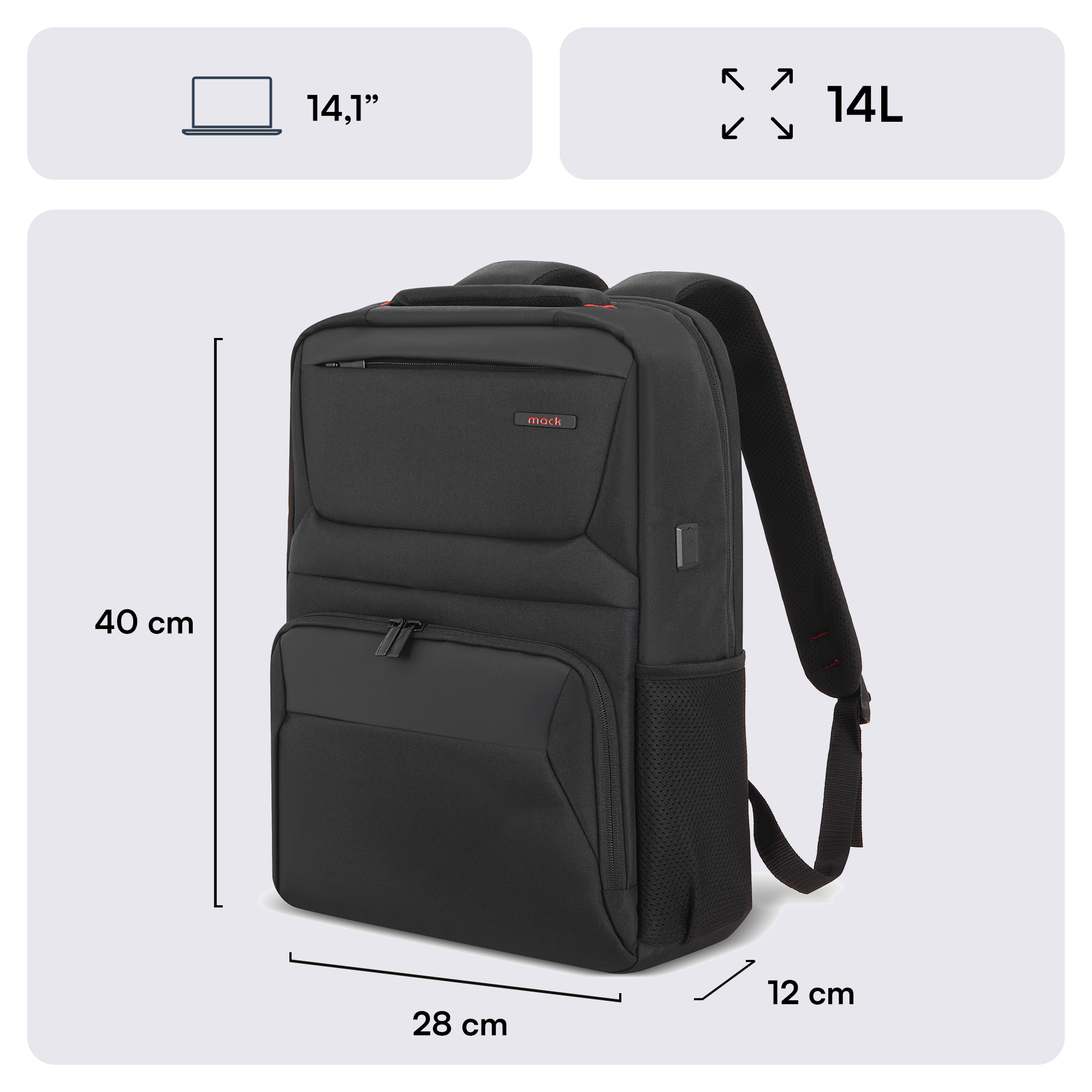 Boyutları 40x28x12 cm ve 14L kapasiteli siyah sırt çantası. 14,1 inçlik bir dizüstü bilgisayar boyutu içerir. Marka 'mock'.