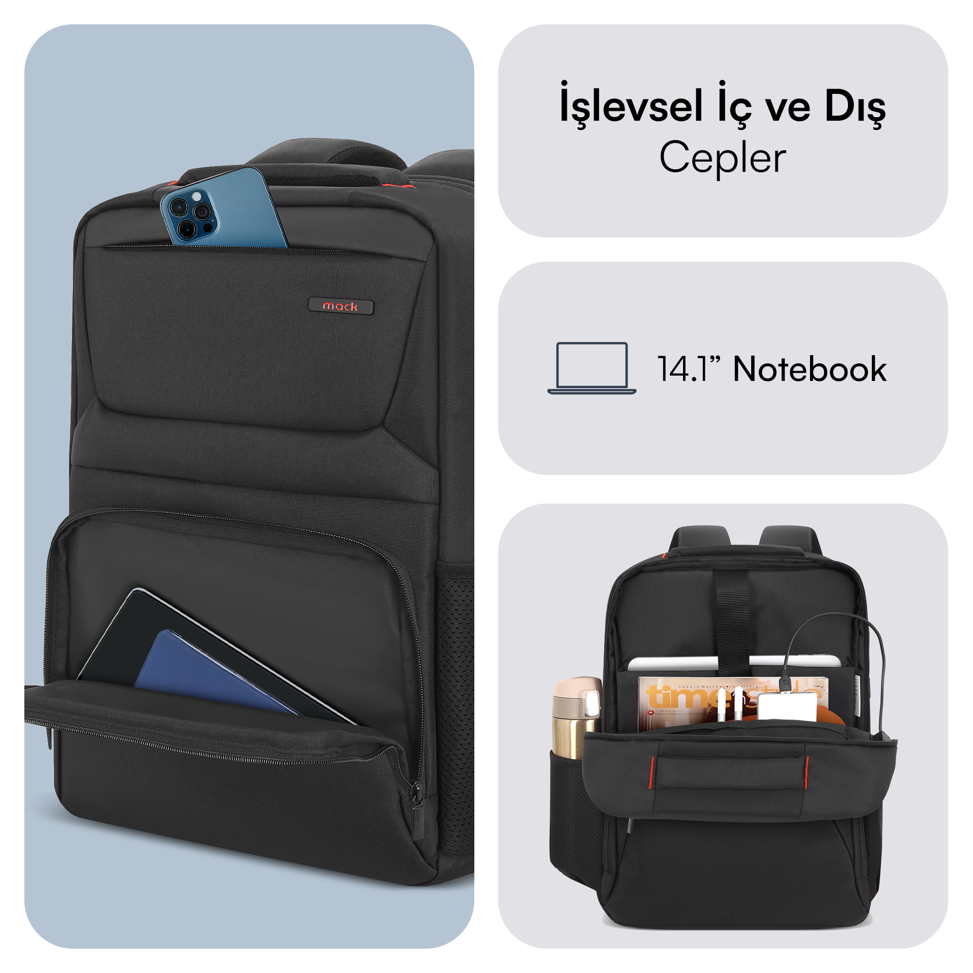 Çoklu bölmelere sahip siyah sırt çantası. Bir telefon cepte, içinde bir tablet var. Metin: 14,1 inç dizüstü bilgisayar. İç ve dış cepler.