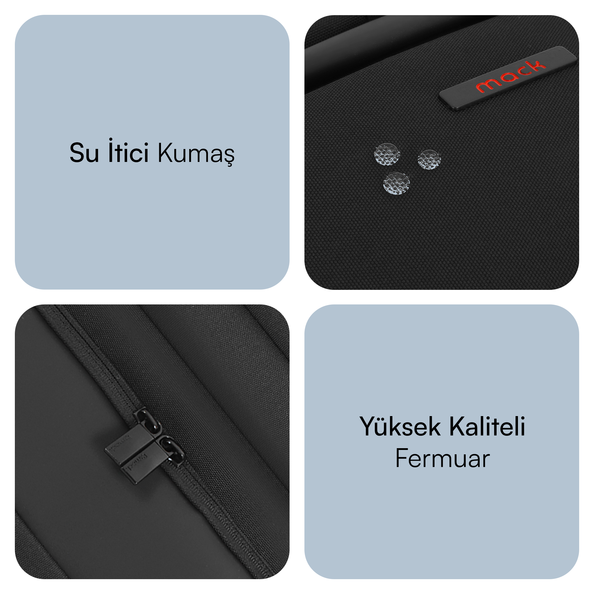 Dört panel: su itici kumaş, markanın logosu ve su damlaları, fermuarlar ve yüksek kaliteli fermuarlar hakkında metin.