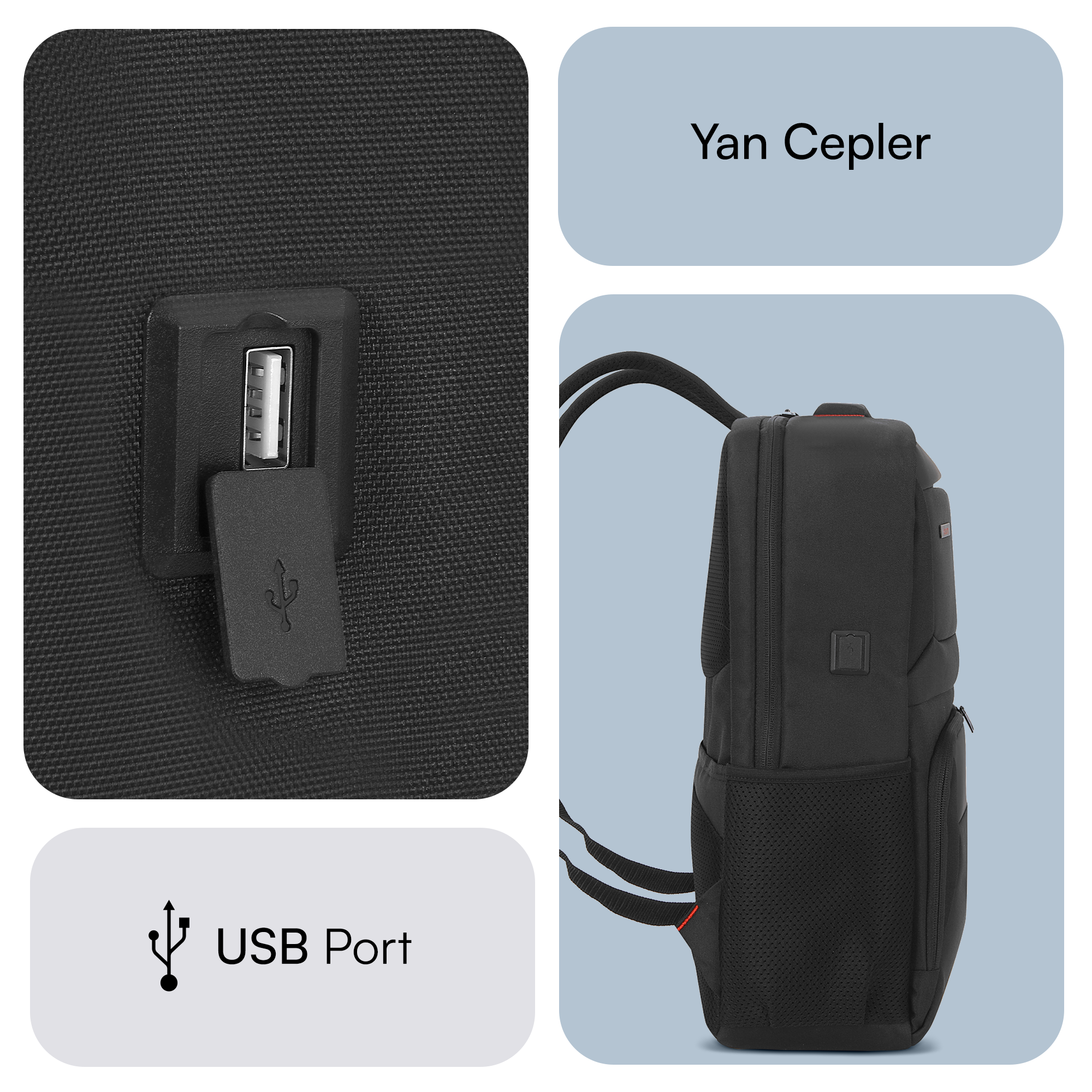 USB portlu siyah bir sırt çantası. Yan tarafında bir cep var. 'Yan Cepler' metni görünüyor. Arka plan açık mavi.