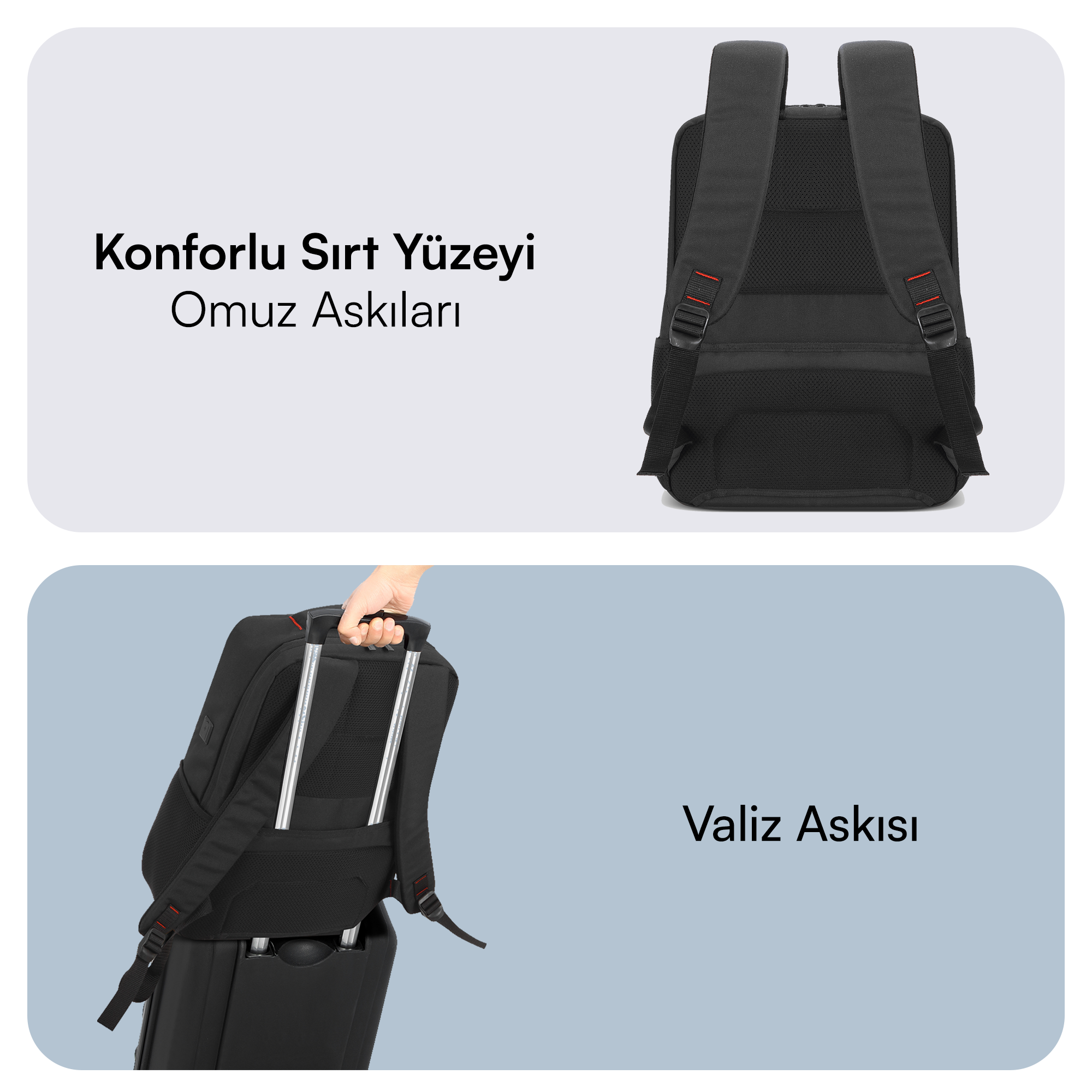 Konforlu sırt ve omuz askılarına sahip siyah sırt çantası. Bir el, bir bavula bağlı sırt çantasını tutuyor. Arka plan mavi.