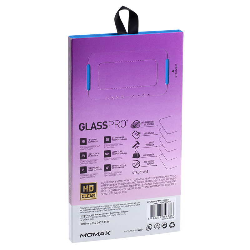 Üzerinde 'GLASS PRO' yazan mor ve mavi bir kutu. HD netliği, dokunma hassasiyeti ve parmak izi direnci hakkında bilgi içerir.