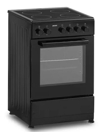 Czarna kuchenka elektryczna. Ma cztery palniki, szklane drzwi piekarnika i pokrętła. Jest też szuflada.