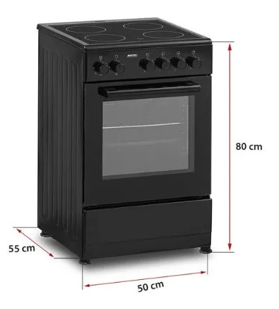 Czarna kuchenka elektryczna z piekarnikiem, czterema palnikami i pokrętłami. Wymiary: 80 cm wysokości, 55 cm głębokości, 50 cm szerokości.