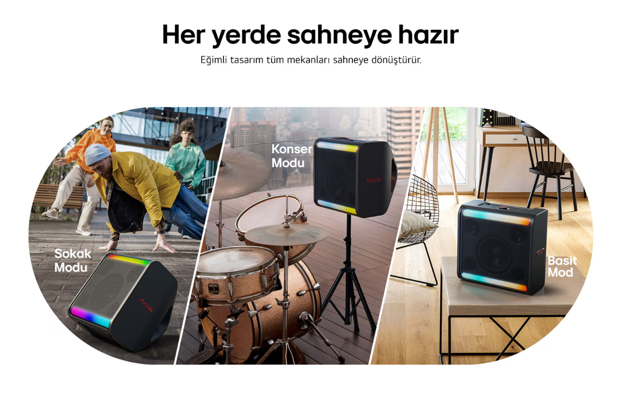 Görüntü, farklı ortamlarda hoparlörleri gösterir: dansçılarla sokak modu, davullarla konser modu ve iç mekanda basit mod.