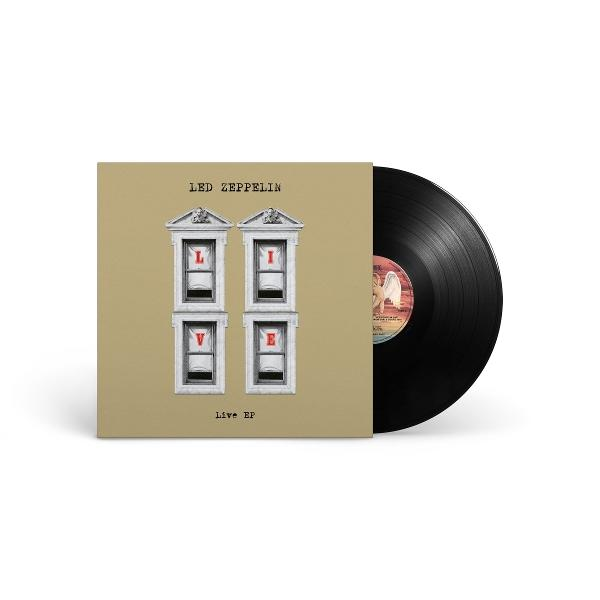 Led Zeppelin's Live EP album cover. Beige background with four window-like structures spelling 'LIVE'. Black vinyl record on the right.