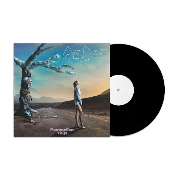 Album cover with woman looking up, a tree, road, and vinyl record. Album title is 'GEDOE', artist is Pommelien Thijs.