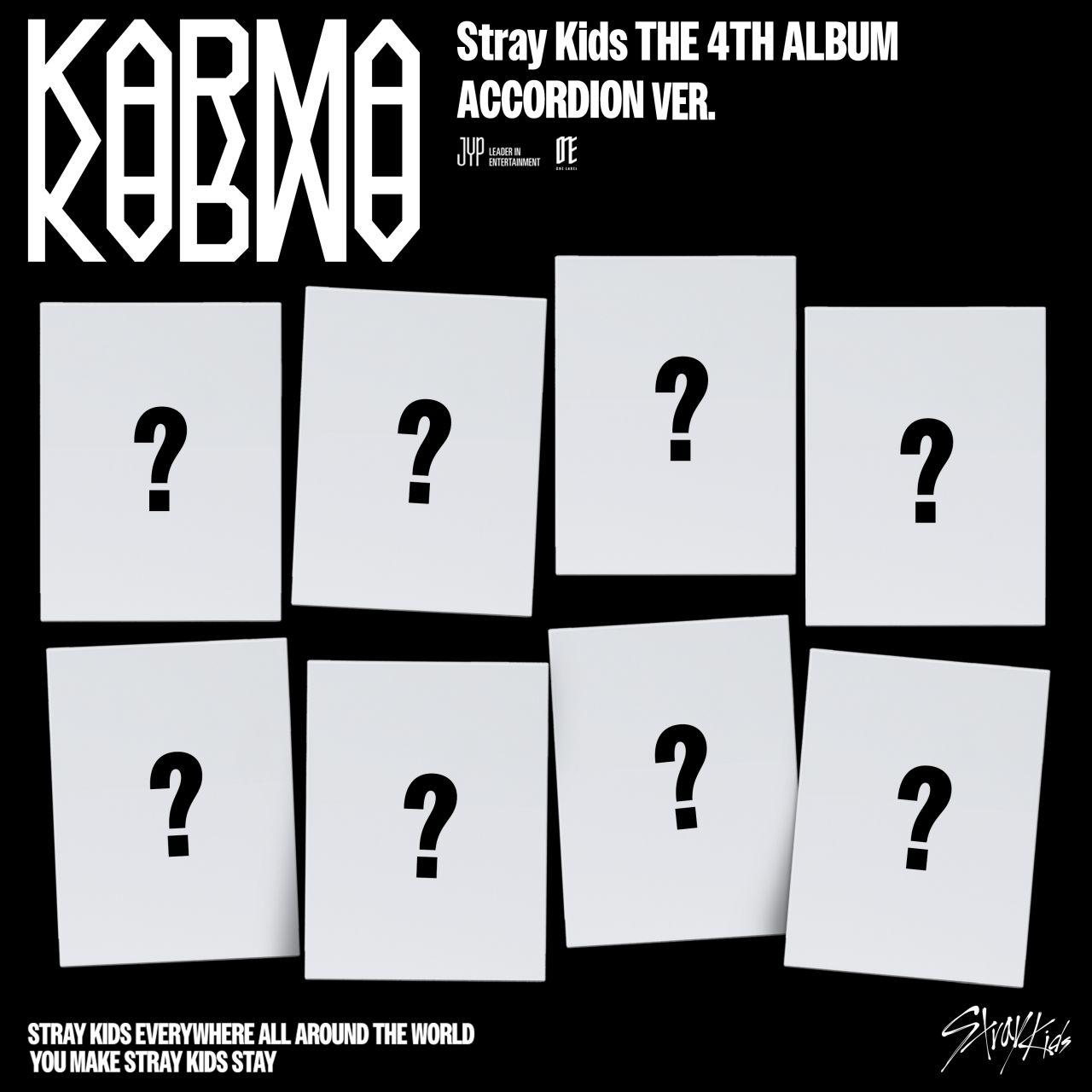 Albumcover mit weißen Fragezeichen auf weißen Karten, schwarzer Hintergrund. Text: Stray Kids, Karma, 4. Album.